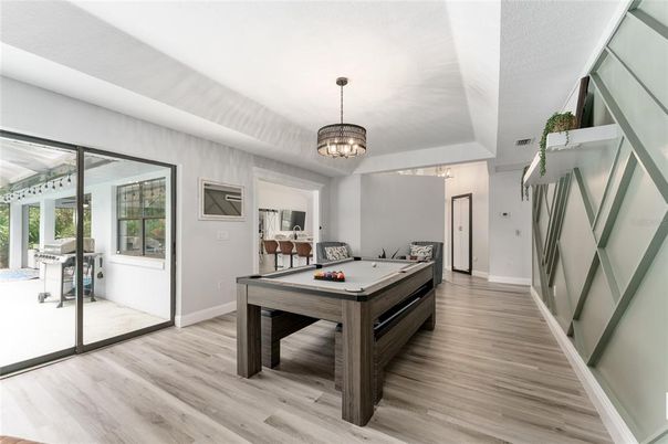 Billiard Table, Game Room, Interior, Pendant Lights, Wood Texture Flooring