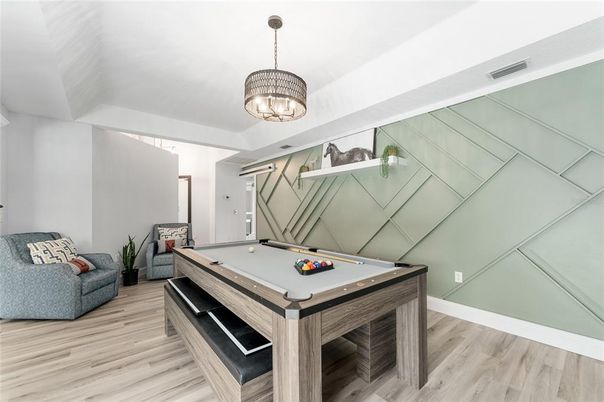 Billiard Table, Chandelier, Game Room, Interior, Pendant Lights, Wood Texture Flooring