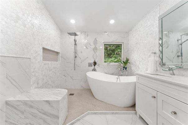 Bathroom, Free Standing Baths, Interior, Marble, Marble Walls, Recessed Lighting