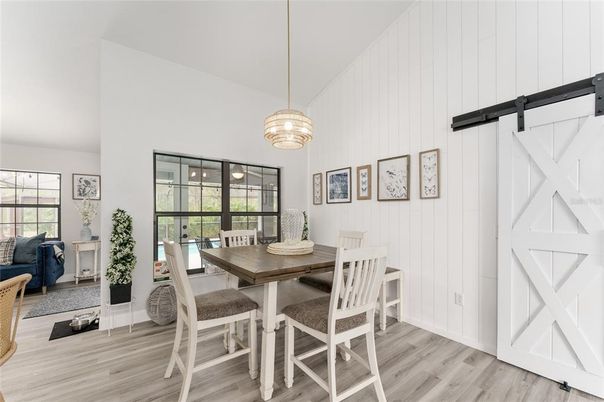 Dining room, Interior, Pendant Lights, Wood Texture Flooring