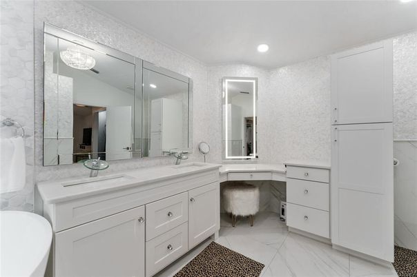 Bathroom, Dual Sink Vanities, Interior, Marble, Recessed Lighting