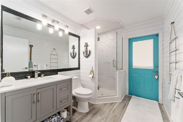 Bathroom, Glass Shower, Interior, Marble, Marble Walls, Recessed Lighting, Wood Texture Flooring