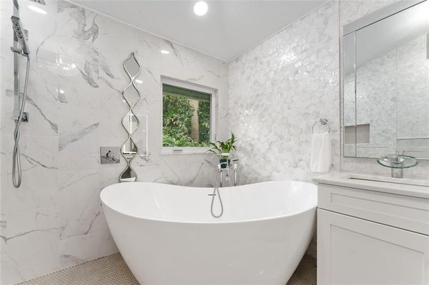 Bathroom, Free Standing Baths, Interior, Marble Walls, Recessed Lighting