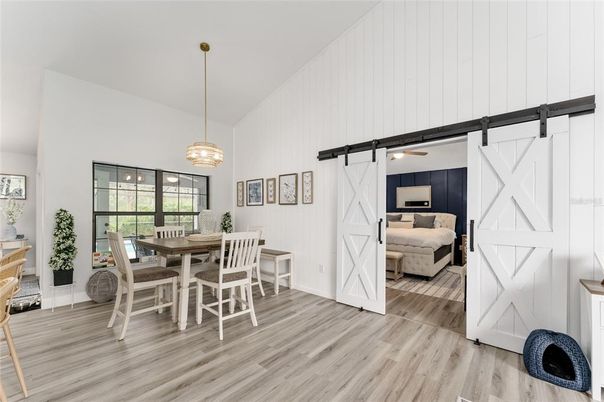 Bedroom, Dining room, Interior, Pendant Lights, Wood Texture Flooring