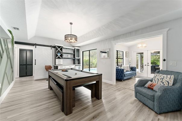 Billiard Table, Game Room, Interior, Pendant Lights, Wood Texture Flooring