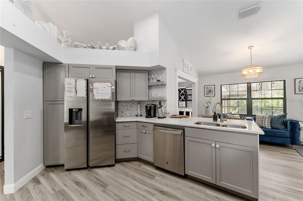 Interior, Kitchen, Pendant Lights, Stainless Steel Appliances, Wood Texture Flooring