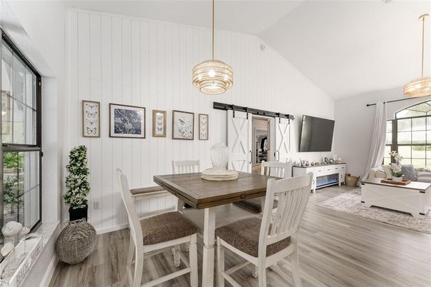 Dining room, Interior, Living room, Pendant Lights, Wood Texture Flooring