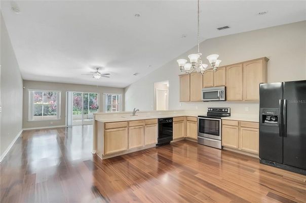 Chandelier, Interior, Kitchen, Recessed Lighting, Wood Texture Flooring