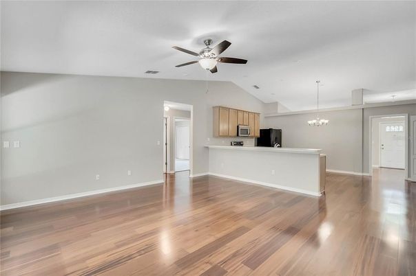 Chandelier, Empty room, Interior, Kitchen, Wood Texture Flooring