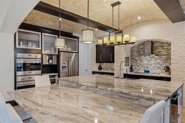 Interior, Kitchen, Pendant Lights, Recessed Lighting, Stainless Steel Appliances, Stone Walls