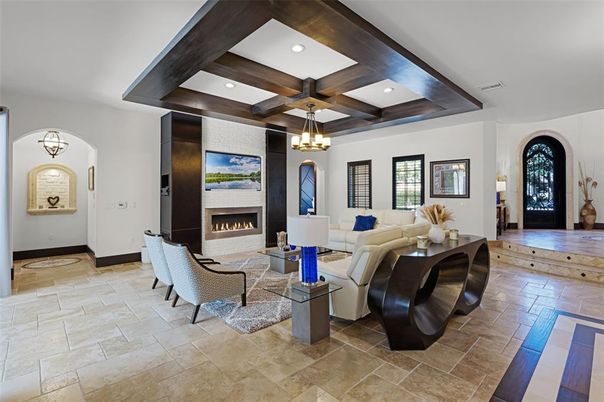 Fireplace, Interior, Living room, Pendant Lights, Recessed Lighting, Wooden Beams