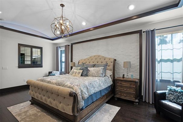 Bedroom, Chandelier, Interior, Pendant Lights, Recessed Lighting, Wood Texture Flooring