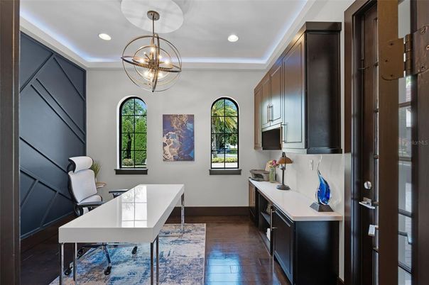 Home Office, Interior, Pendant Lights, Recessed Lighting, Wood Texture Flooring