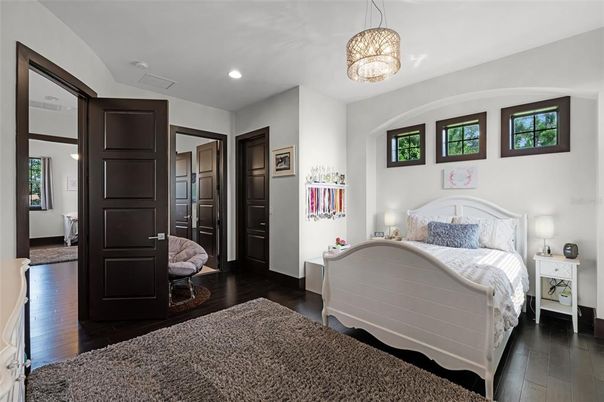 Bedroom, Interior, Pendant Lights, Recessed Lighting, Wood Texture Flooring