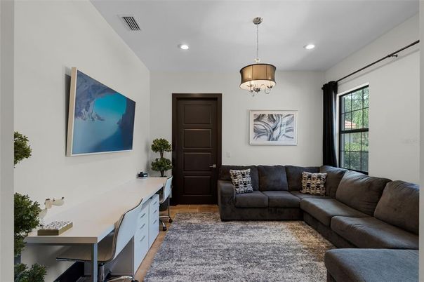 Interior, Living room, Pendant Lights, Recessed Lighting, Wood Texture Flooring