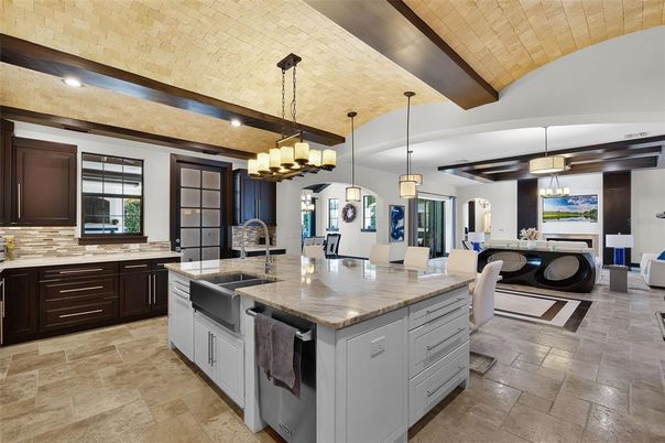 Chandelier, Dining room, Interior, Kitchen, Living room, Pendant Lights, Recessed Lighting, Wooden Beams