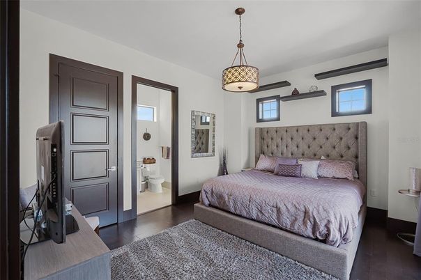 Bedroom, Interior, Pendant Lights, Wood Texture Flooring