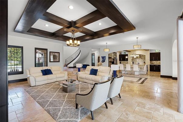 Chandelier, Dining room, Interior, Kitchen, Living room, Pendant Lights, Recessed Lighting, Wooden Beams