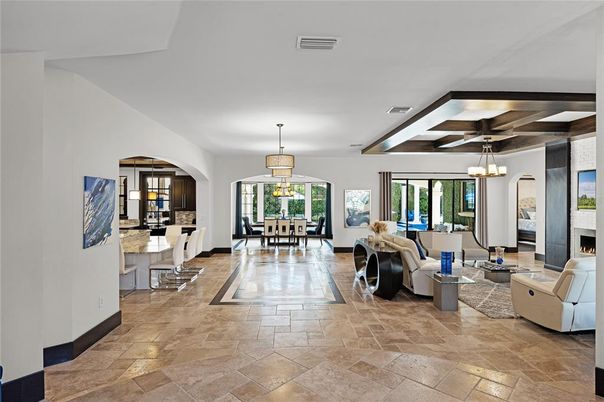 Dining room, Fireplace, Interior, Living room, Pendant Lights, Wooden Beams