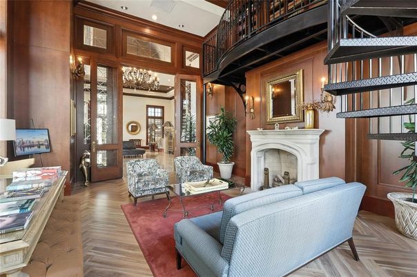 Chandelier, Fireplace, Interior, Living room, Recessed Lighting, Wood Texture Flooring