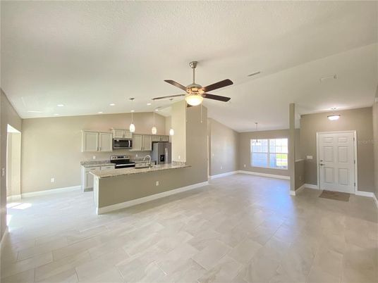 Empty room, Interior, Kitchen, Pendant Lights, Recessed Lighting, Stainless Steel Appliances