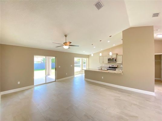 Empty room, Interior, Kitchen, Pendant Lights, Recessed Lighting, Stainless Steel Appliances