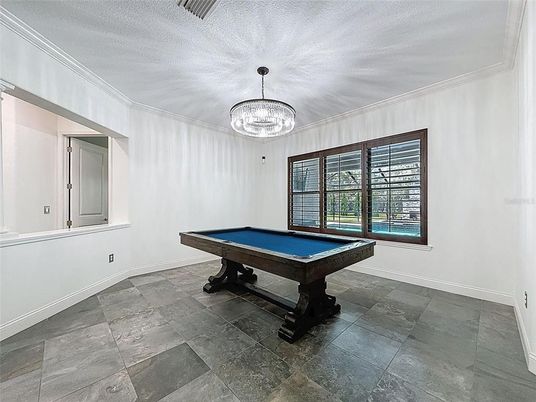 Billiard Table, Chandelier, Game Room, Interior, Pendant Lights