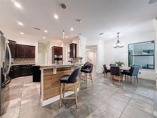 Dining room, Interior, Kitchen, Pendant Lights, Recessed Lighting, Stainless Steel Appliances