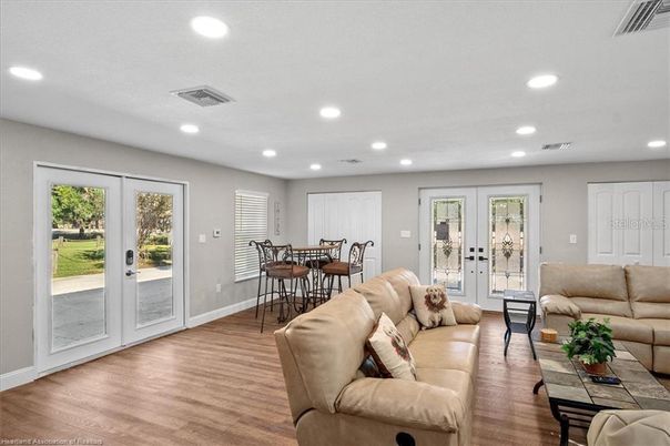 Dining room, Interior, Living room, Recessed Lighting, Wood Texture Flooring