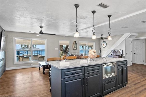 Interior, Kitchen, Pendant Lights, Water, Wood Texture Flooring
