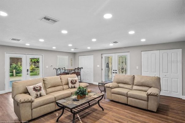 Dining room, Interior, Living room, Recessed Lighting, Wood Texture Flooring