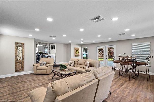 Dining room, Interior, Living room, Recessed Lighting, Wood Texture Flooring