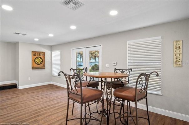 Dining room, Interior, Recessed Lighting, Wood Texture Flooring