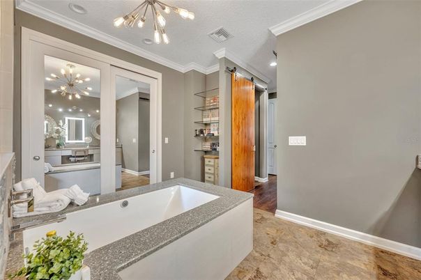Bathroom, Interior, Pendant Lights, Recessed Lighting, Wood Texture Flooring