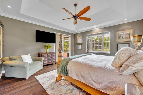 Bedroom, Interior, Recessed Lighting, Wood Texture Flooring