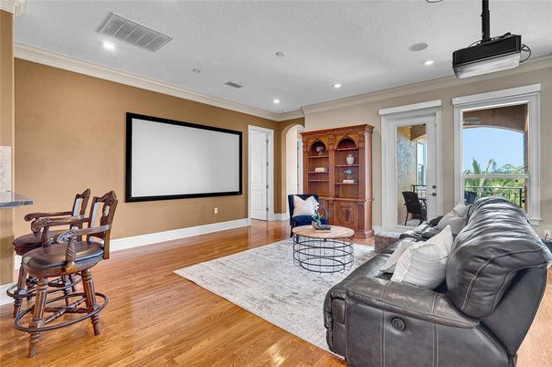 Interior, Projection Screen, Recessed Lighting, Wood Texture Flooring
