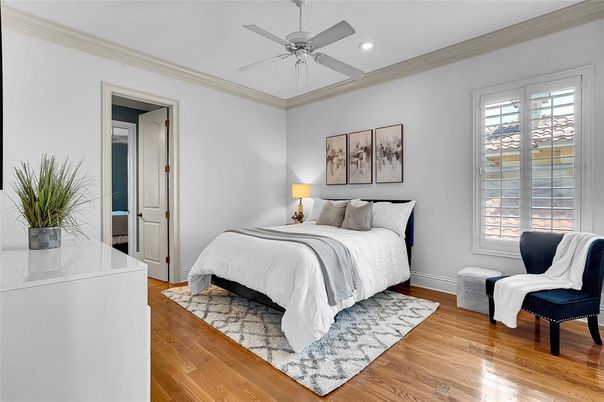 Bedroom, Interior, Recessed Lighting, Wood Texture Flooring