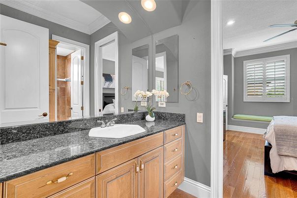 Bathroom, Dual Sink Vanities, Interior, Recessed Lighting, Wood Texture Flooring