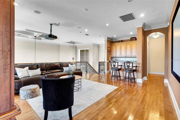 Interior, Living room, Projection Screen, Recessed Lighting, Wood Texture Flooring