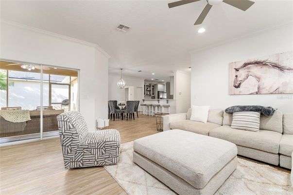 Dining room, Interior, Kitchen, Living room, Pendant Lights, Recessed Lighting, Wood Texture Flooring