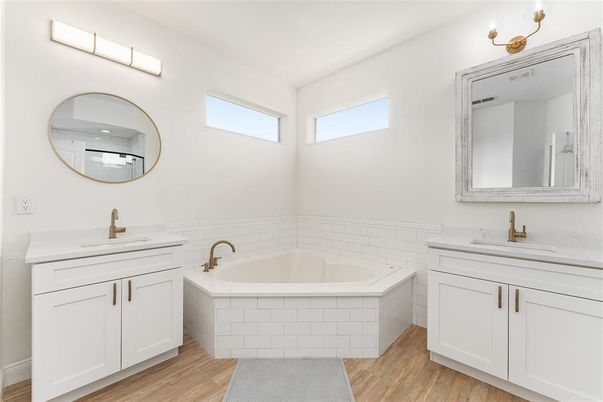 Bathroom, Dual Sink Vanities, Interior, Wood Texture Flooring