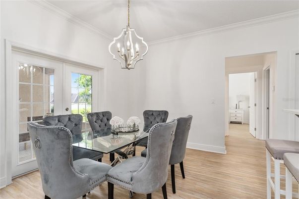 Chandelier, Dining room, Interior, Wood Texture Flooring