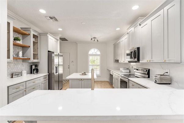 Interior, Kitchen, Recessed Lighting, Stainless Steel Appliances, Wood Texture Flooring