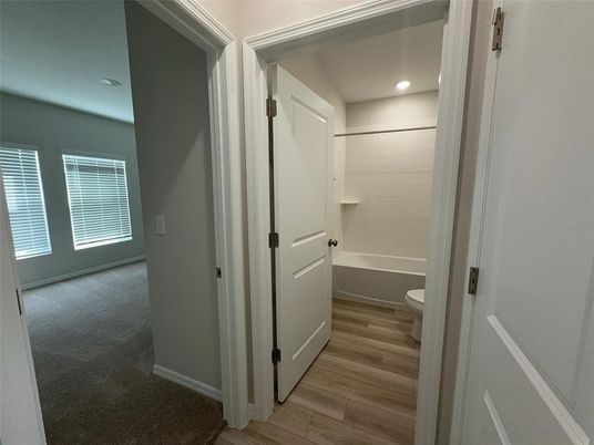 Bathroom, Interior, Recessed Lighting, Wood Texture Flooring
