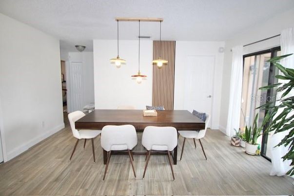 Dining room, Interior, Pendant Lights, Wood Texture Flooring