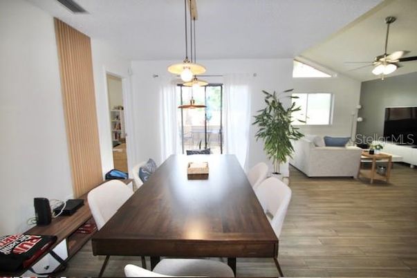 Dining room, Interior, Living room, Pendant Lights, Wood Texture Flooring