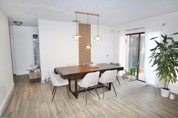 Dining room, Interior, Pendant Lights, Wood Texture Flooring