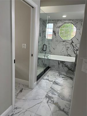 Bathroom, Glass Shower, Interior, Marble, Marble Walls, Recessed Lighting