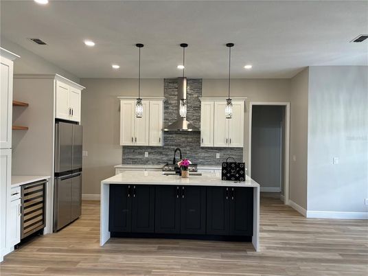 Interior, Kitchen, Pendant Lights, Recessed Lighting, Wood Texture Flooring