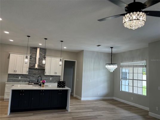 Chandelier, Interior, Kitchen, Pendant Lights, Recessed Lighting, Wood Texture Flooring